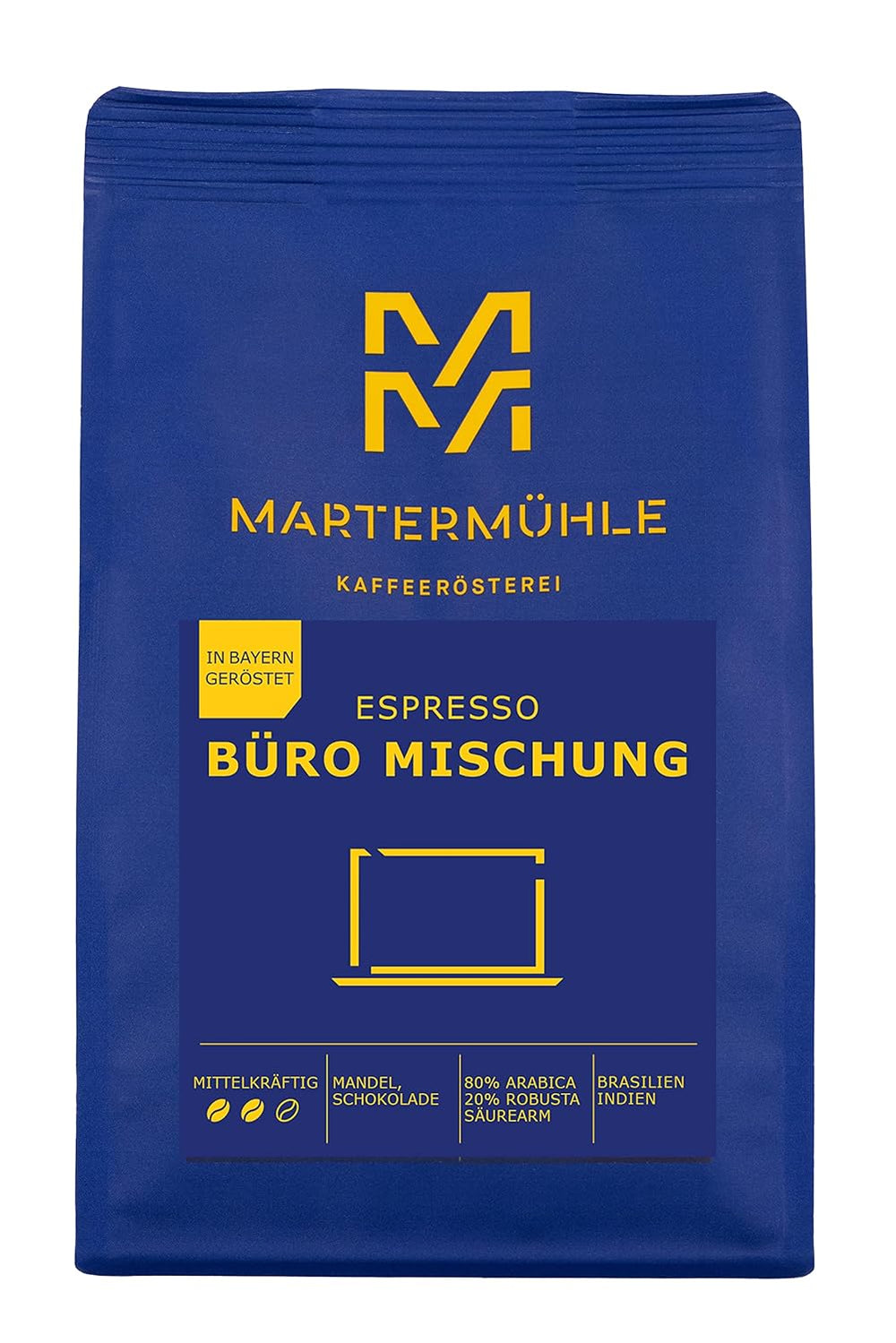 Boabe de espresso Martermühle Office Blend 1 kg, concentrație medie | Arabica/Robusta | Arome: Migdale, Ciocolată | Boabe de espresso întregi, prăjite ușor, aciditate scăzută