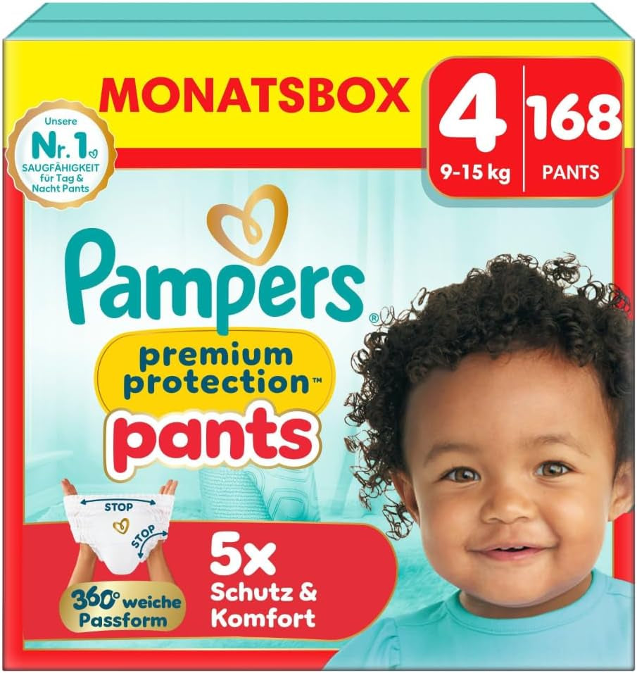 Pantaloni di protezione Premium Pampers taglia 7, 123 pannolini, 15 kg+, con regolazione a 360° e polsini morbidi anti-perdite per comfort e protezione ottimali