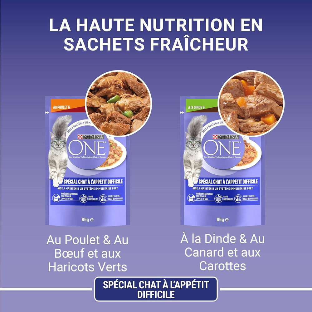 Purina One - Spezialfutter in Sauce Rind/Huhn/Ente und Truthahn für Katzen mit Appetit, 340 g