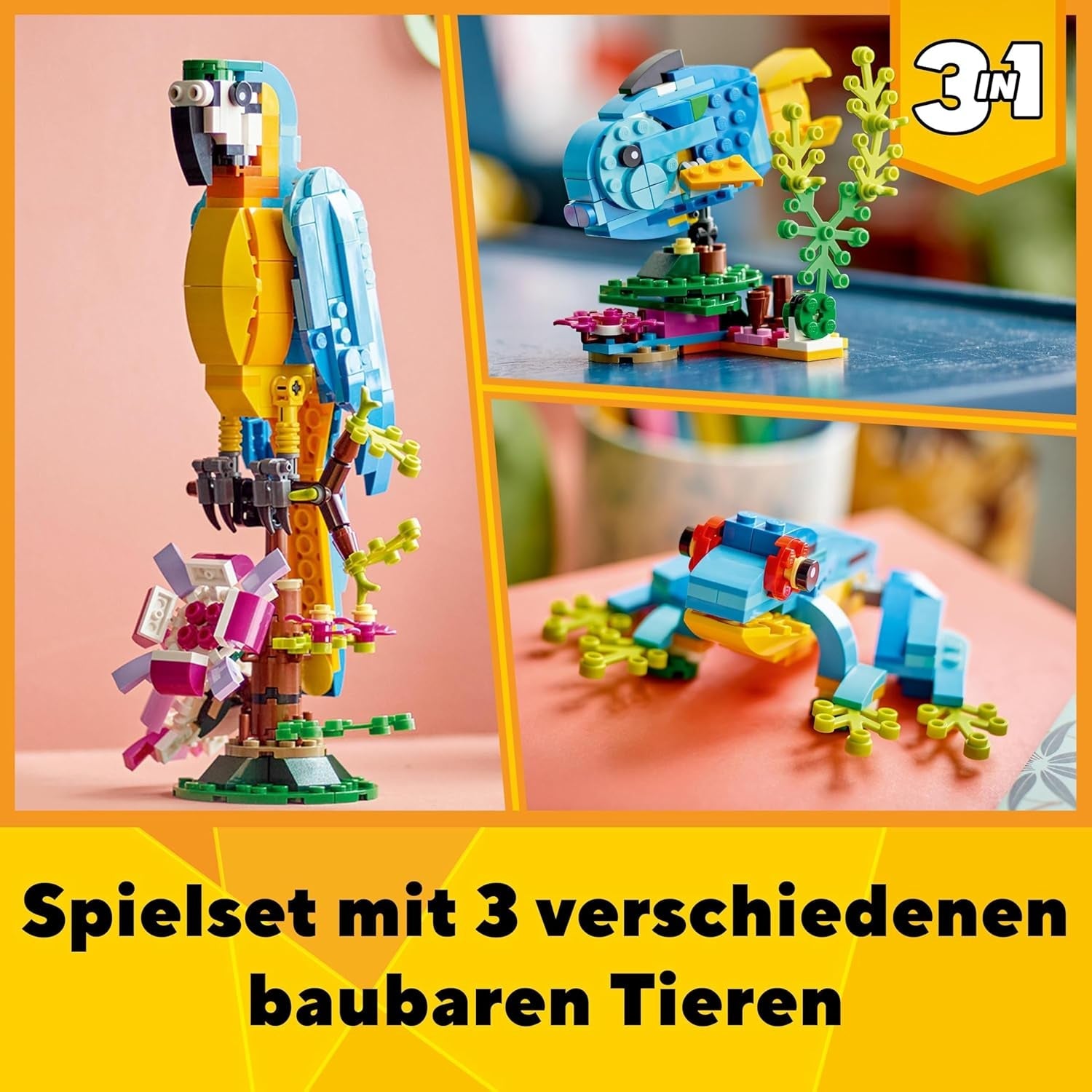 LEGO Creator 3in1 Exotischer Papagei - Konstruktionsspielzeug mit DREI Tierfiguren - Spielzeug mit Papagei, Fisch und Frosch Minifiguren - Kreatives Geschenk für Mädchen und Jungen ab 7 Jahren 31136