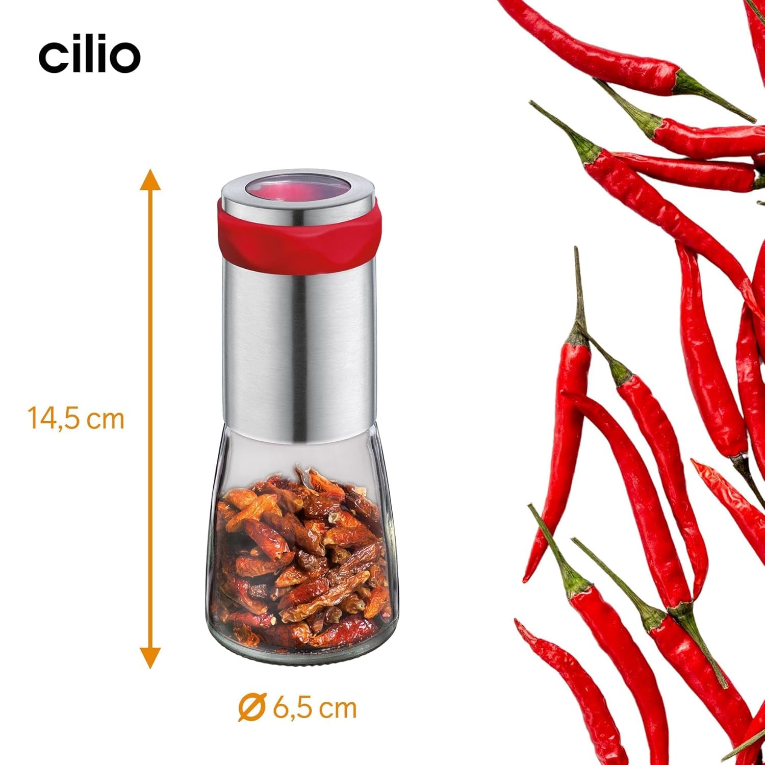 Macina peperoncino Cilio PICCANTE, Ø 6,5 cm, H: 14,5 cm, con coperchio di chiusura Macina e Affetta Naty Shop