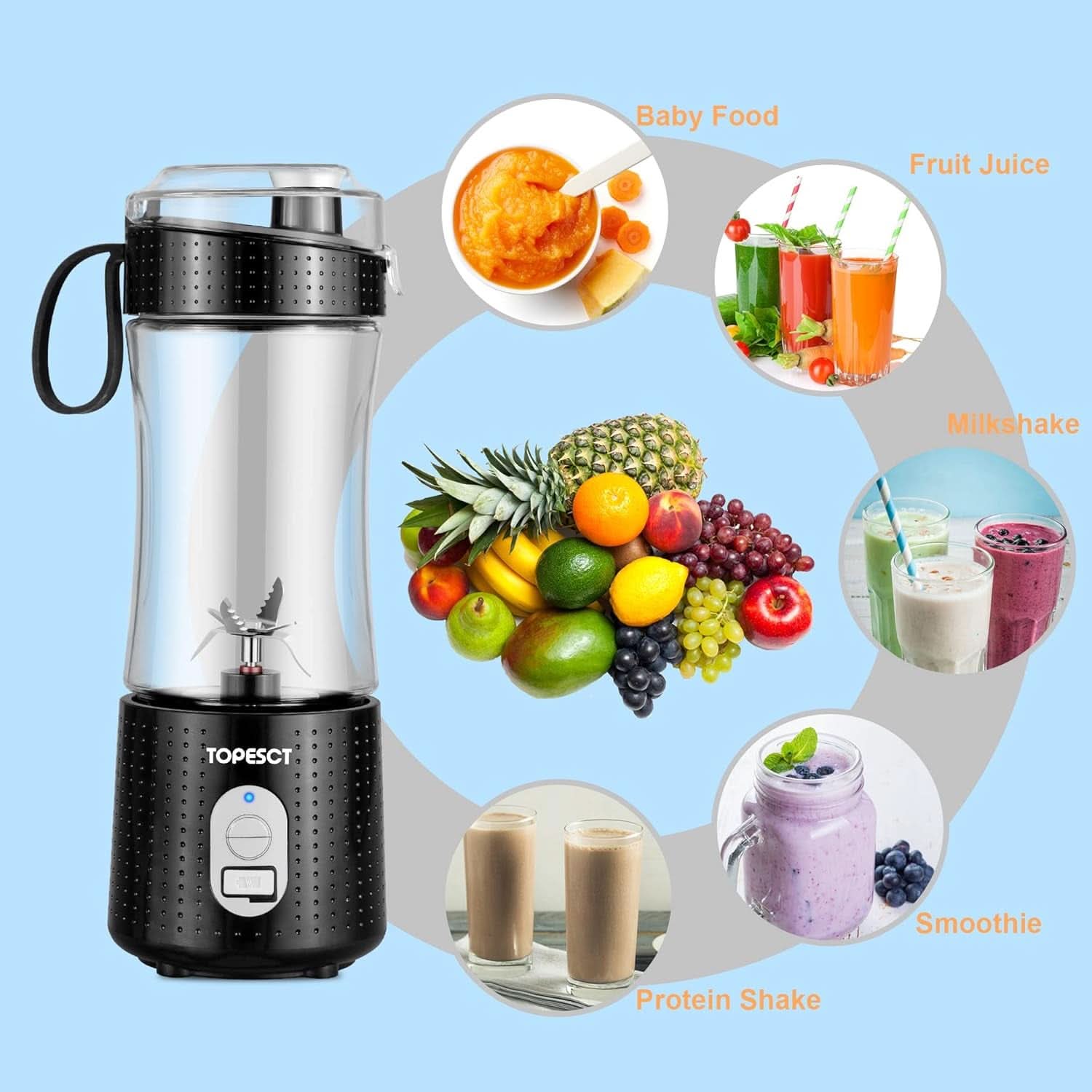 Topesct Tragbarer Mixer, Smoothie Maker to Go– Mobile Standmixer/Elektrischer Mini Saftmixer Sechs Klingenin 3D-Anordnung Für Hervorragendes Mixen, 13Oz USB Wiederaufladbarer Juicer (Nero) Kitchen Naty Shop