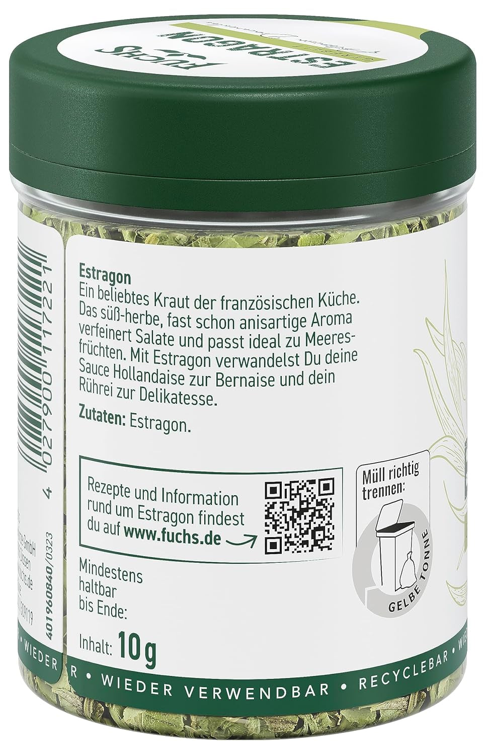 Fuchs Gewürze - Estragon gerebelt - französisches Kraut zur Verfeinerung von Saladen, Sauce Hollandaise oder Rührei - ingredienti naturali - 10 g in wiederverwendbarer, recyclebarer Dose