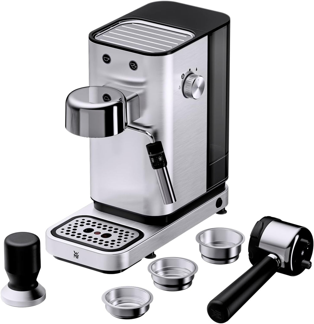 Espressor WMF Lumero, portafiltru, 1400 wați, portafiltru, 3 inserții, pentru 1-2 cești de espresso, inclusiv pentru capsule, 15 bar, suport pentru cești, spumator de lapte, oțel inoxidabil mat