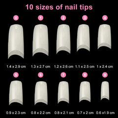 Unghii false, 500 bucăți, culori naturale, artificiale, unghii false, 10 mărimi, DIY, acrilice, cu cutie, perie de unghii, împingător de cuticule și pilă de unghii