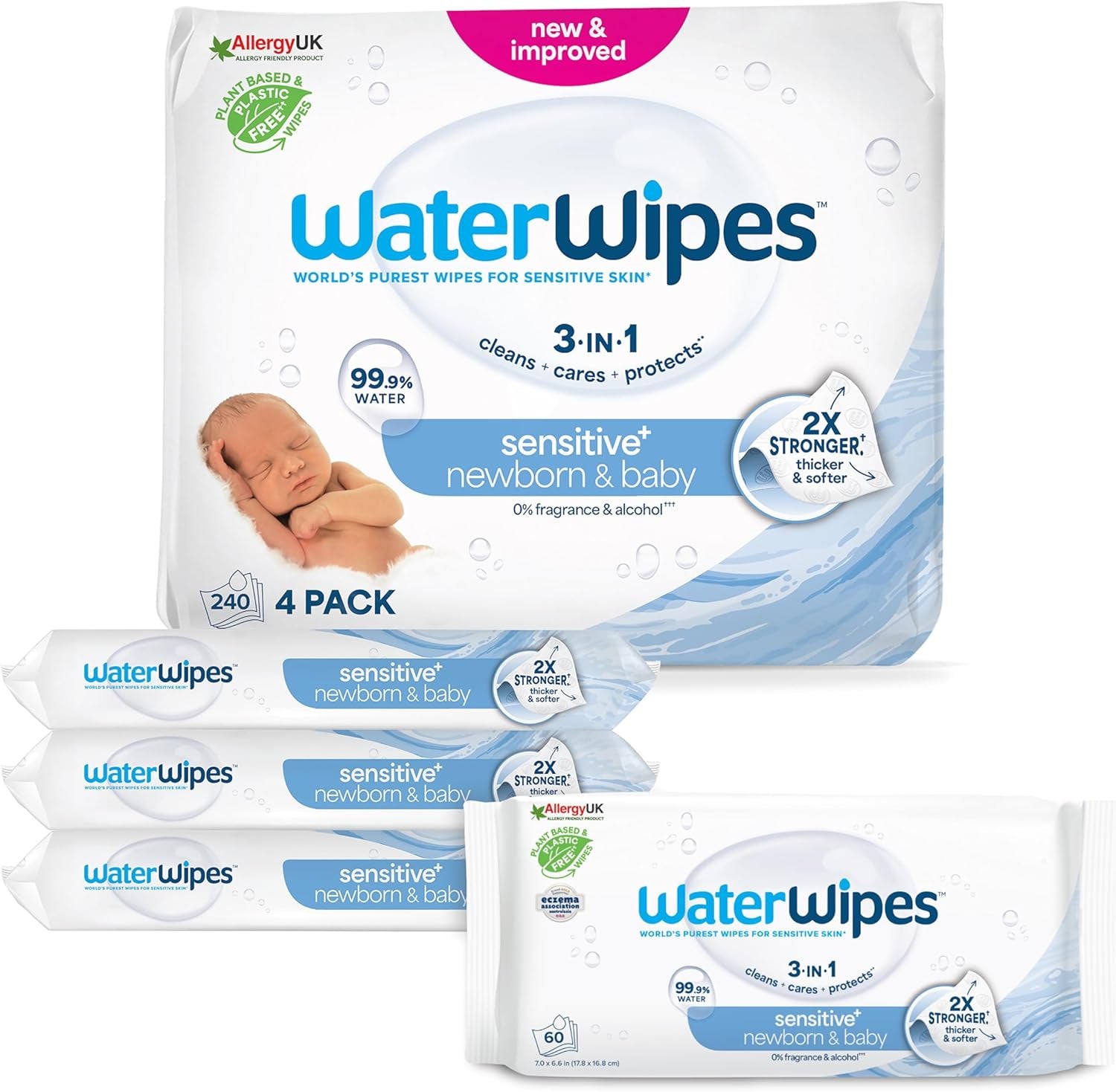 Salviette umidificate WaterWipes Sensitive+ per neonati e bambini, 540 pezzi (9 confezioni), pulizia 3 in 1, cura, protezione, 99,9% acqua, senza profumo