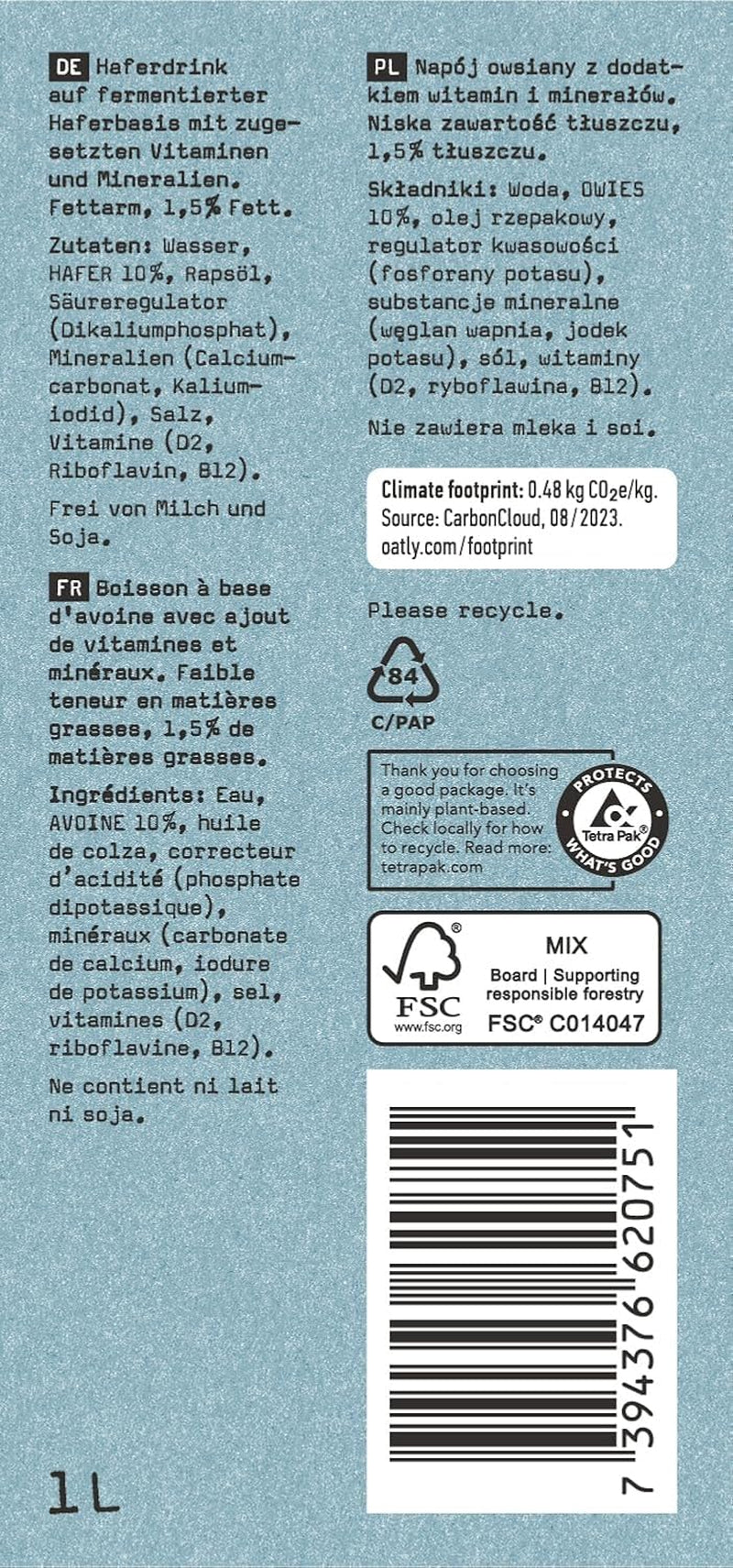 Oatly Haferdrink 1,5% Fett - Confezione da 6 (6 x 1 litro)