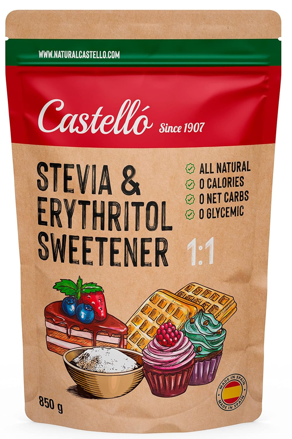 Stevia + eritritolo 1:1 sostanza nutriente | 1G = 1GZucker | 100% Natürlicher Zuckerersatz - 0 Kalorien - 0 Glykämischer Index - Keto Und Paleo - 0 Netto-Kohlenoidrato - Kein GVO - Castello since 1907-850 G Dolcificanti Naty Shop Default Title