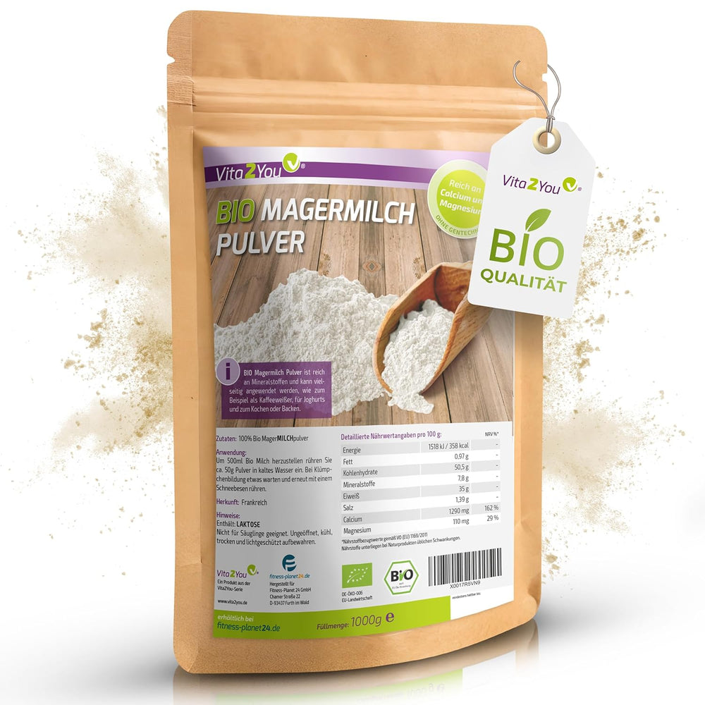 Vita2You Bio Latte scremato in polvere 1000g - 100% Bio Qualität - per cuocere al forno - Kaffeeweißer - Milchpulver für Joghurts - 1kg - Premium Qualität