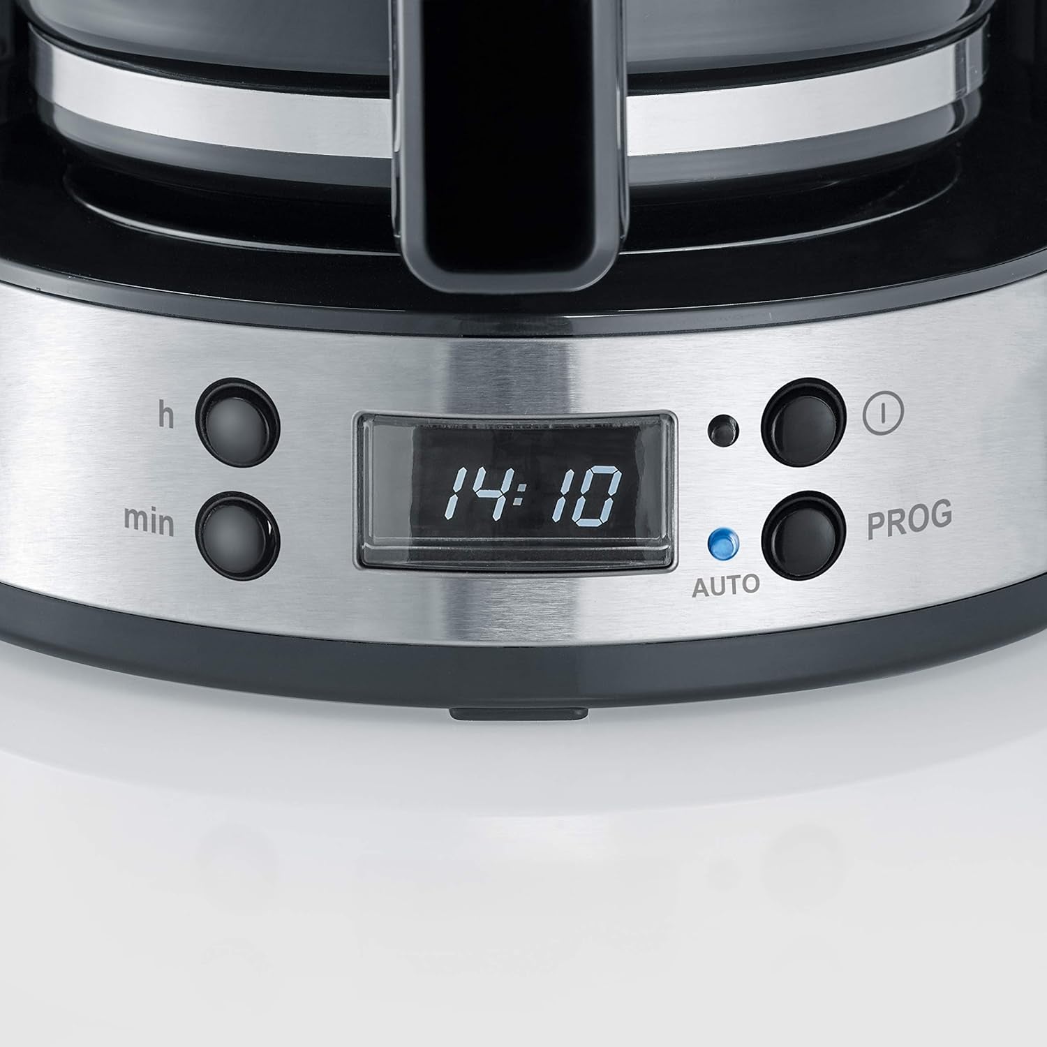 Espressor SEVERIN „TypeSwitch” cu carafă de sticlă și cronometru, AromaSwitch pentru alegerea a 2 opțiuni de preparare, ceas digital cu funcție de cronometru, pentru până la 10 cești, 1000W, oțel inoxidabil periat-negru, KA 4826