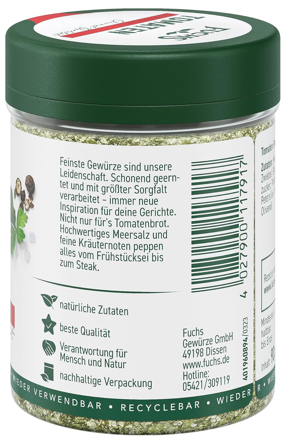 Fuchs Gewürze - Tomato Gewürz - Gewürzsalz für Tomatenbrot, Frühstücksei oder Steak - ingredienti naturali - 90 g in wiederverwendbarer, recyclebarer Dose