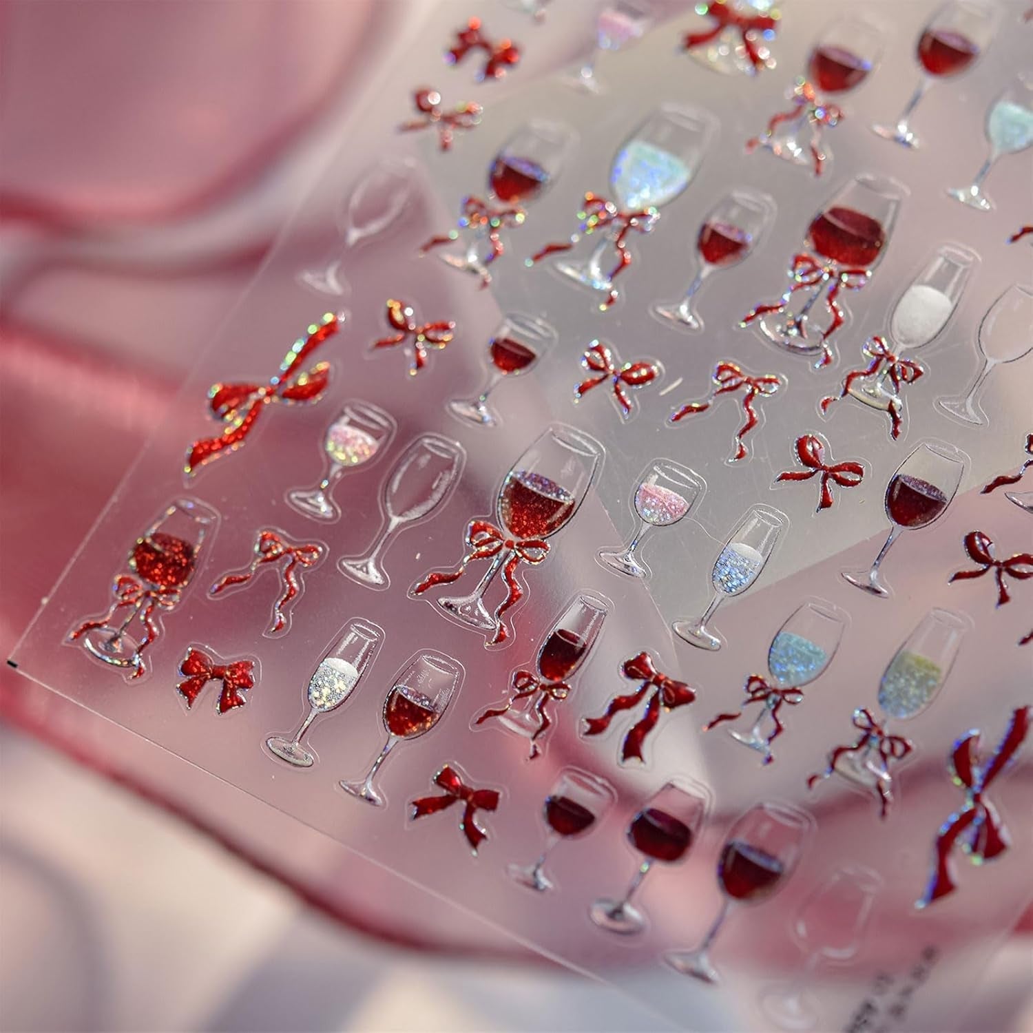 JMEOWIO 3D Nagelsticker Roter Kelch Mit Schleife Nail Art Sticker Selbstklebend Nagelaufkleber 5D Stereoskopisch Dekoration Nageldesign Zubehör 1 Blatt