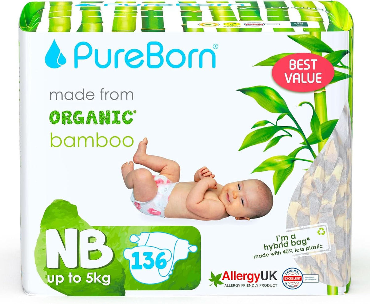 Pannolini Pureborn Eco bambù organico, taglia neonato (fino a 5 kg), ecologici, ipoallergenici, ultra morbidi, con indicatore di umidità, stampe varie Mother and Baby Naty Shop Neonato (136 pz)