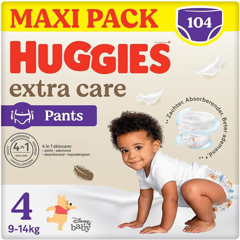 Pannolini Huggies Extra Care Taglia 4 (9-14 kg), 4 pacchi da 26 pannolini - 4280 g