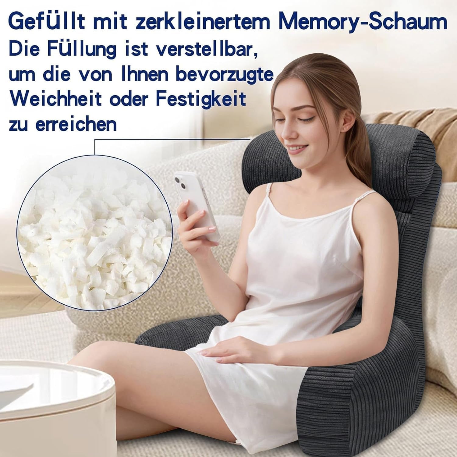 Pernă de citit pentru pat și canapea, pernă de spate pentru pat, pernă de citit cu spătar pentru adulți, confortabilă pentru a sta, a citi și a viziona televizorul pe podea sau pe canapea (Gri închis, 65 * 30cm)