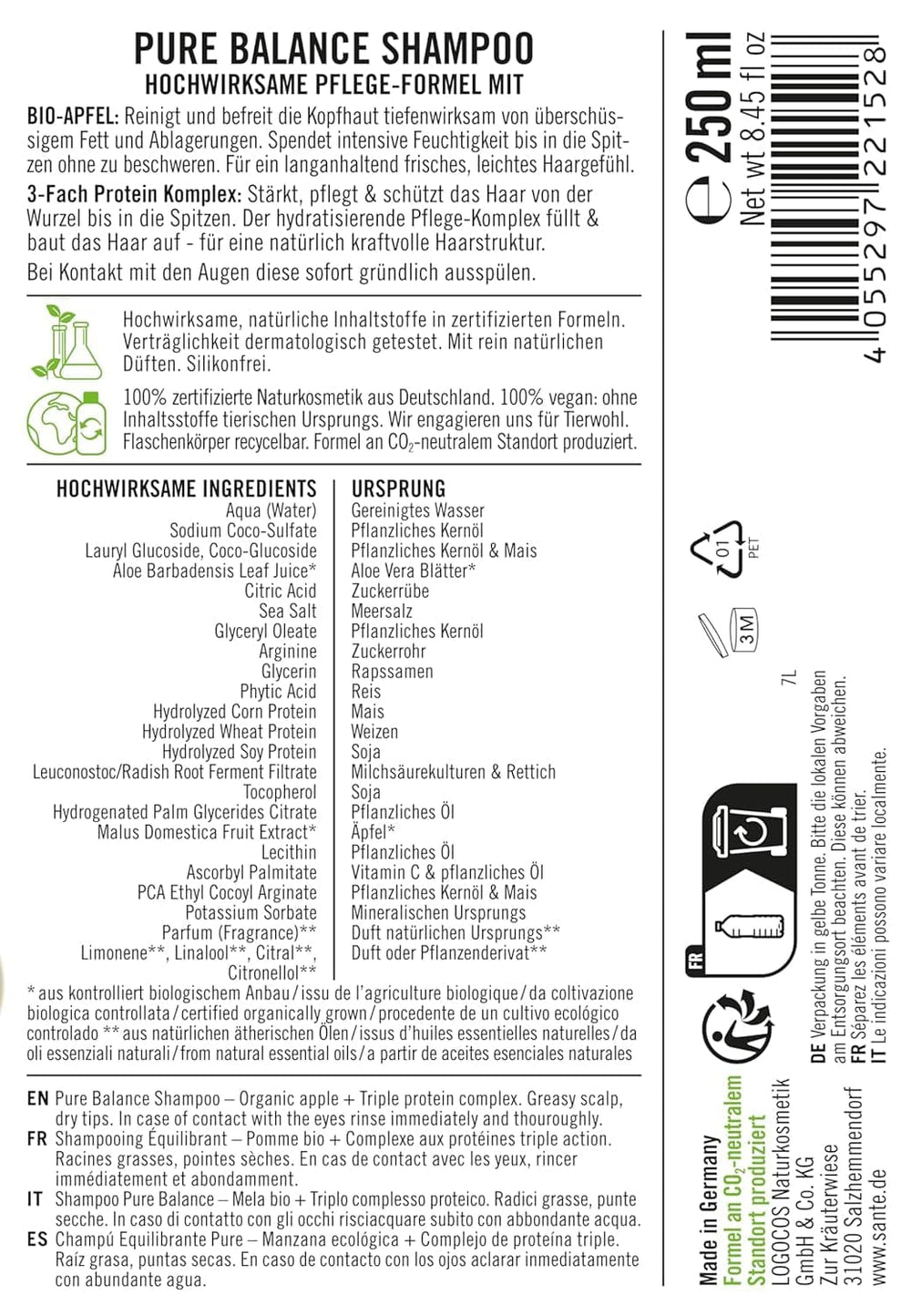 SANTE Naturkosmetik Pure Balance, shampoo, idrata intensamente i capelli secchi, 250 ml Doccia e bagno Naty Shop