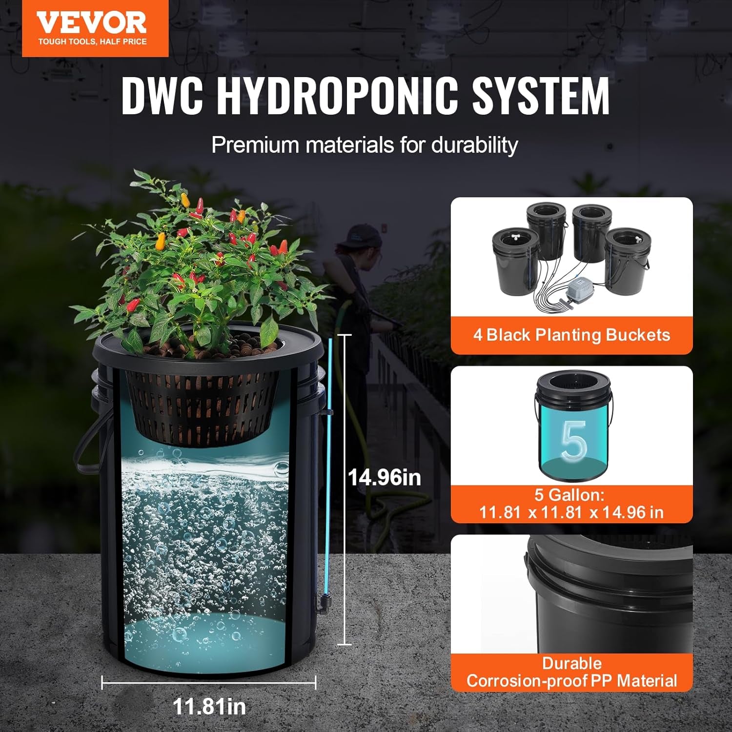 VEVOR DWC Sistema di Coltivazione Idroponica Kit Drip Pot Sistemi di Coltivazione Idroponica Coltivazione in Acque Profonde 4 Secchi da 20 Litri con Pompa ad Aria Pietre porose e Indicatore del Livello dell'Acqua per Verdure a Foglia Verde