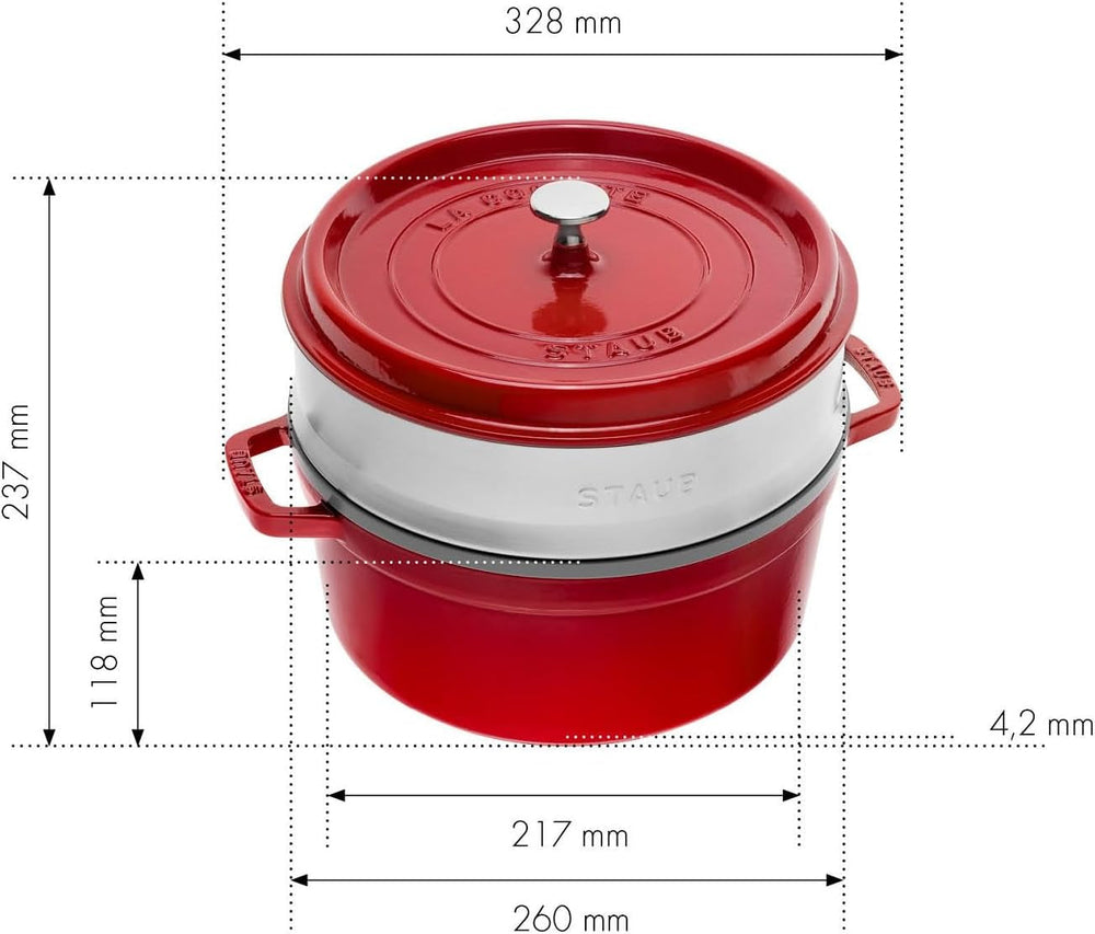 STAUB Gusseisen Bräter/Cocotte, Mit Dämpfeinsatz Aus Edelstahl, Rund 26 Cm, 5.2 L, Aromaregen Funktion Für Optimale Befeuchtung, Für Alle Herdarten Inkl. Induzione & Backofen, Kirschrot, Rot Stampi e teglie per dolci Naty Shop