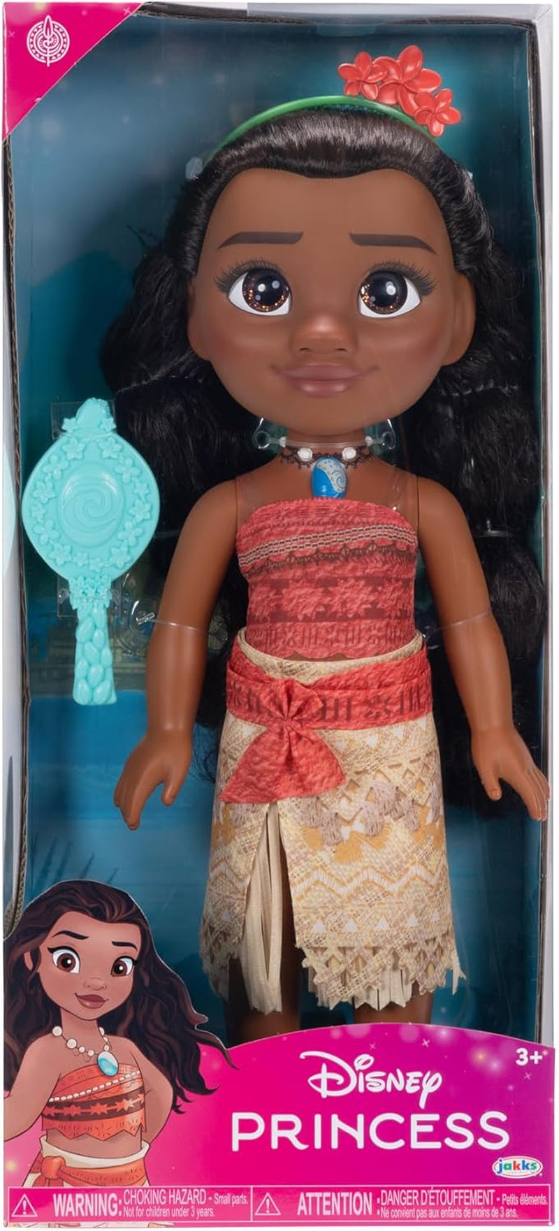 Păpușă Disney Prințesa Moana 35 cm, ochi reflectorizanți cu sclipici, articulații mobile, ținută detașabilă, clemă floare, păr lung, pentru fete cu vârsta de 3 ani și peste
