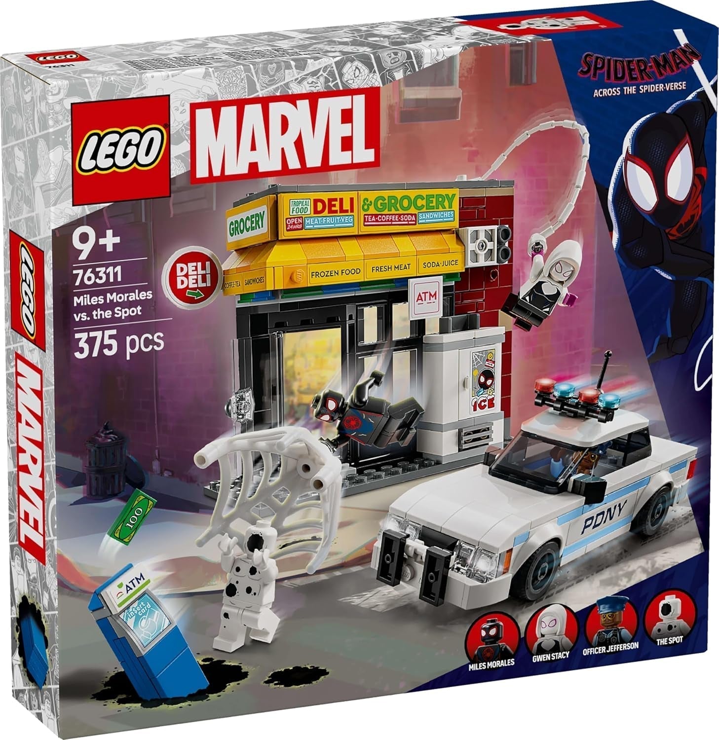 LEGO Marvel Spider-Verse: Miles Morales Vs. Spot - Set de joacă pentru supereroi cu mașină de jucărie - 4 minifigurine și mini-market - Cadou pentru băieți și fete cu vârsta de 9+ 76311 Seturi de constructie Besuche den LEGO-Store