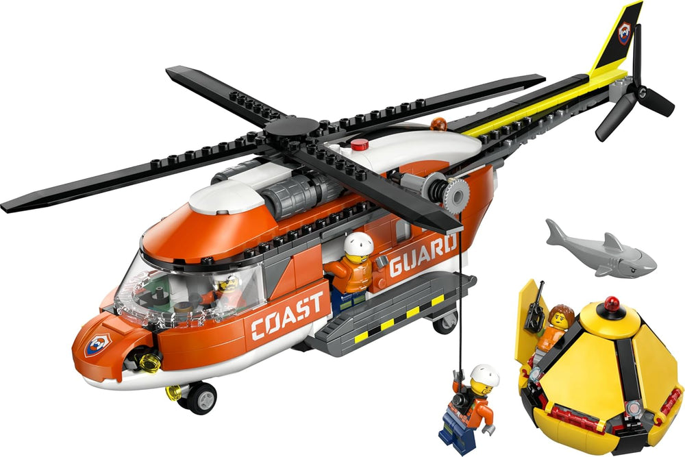 LEGO City Hubschrauber der Küstenwache - Spielzeug Einsatzfahrzeug - Modellbau mit Schiebetüren, Winche, 4 Minifiguren und Hai Figur - Geburtstagschenkenken für Jungen ab 7 Jahren - 60503