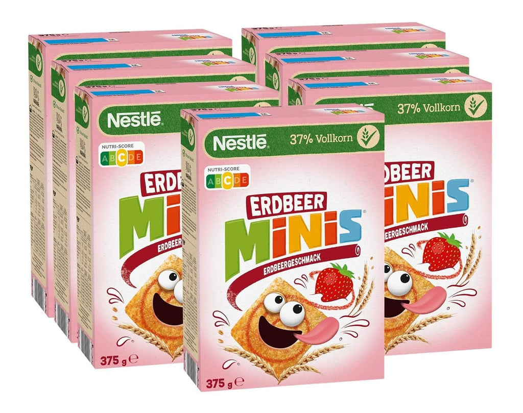 NESTLE Strawberry Minis, cereale cu aromă de căpșuni și făină integrală, set 7 x 375 grame Cereale Naty Shop