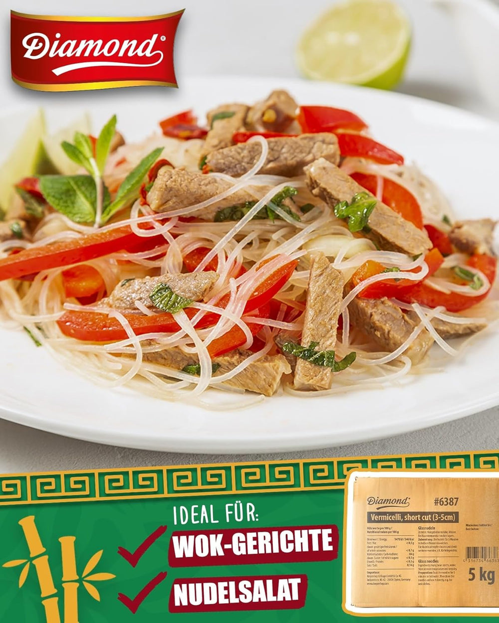 Tagliatelle di vetro DIAMOND, tagliatelle di vetro corte con amido di fagioli mung, naturalmente vegane e senza glutine - 1 x 5 kg