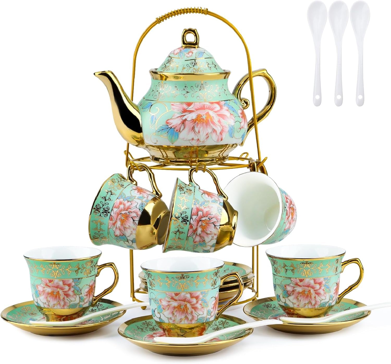 Set de ceai din ceramică cu suport metalic, set de ceai din porțelan cu 20 de piese cu motiv floral vintage, set de ceai în stil european pentru 6 persoane, ceașcă de ceai din ceramică de 160 ml, ceainic de 700 ml, pentru petreceri