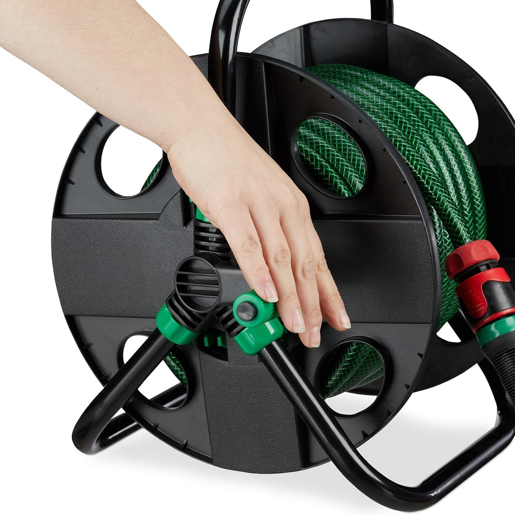 Rolă de furtun Relaxdays, înfășurare furtun de apă goală, pentru furtun de grădină de 30 m 1/2", înălțime-lățime 39 x 43 x 30 cm, negru-verde