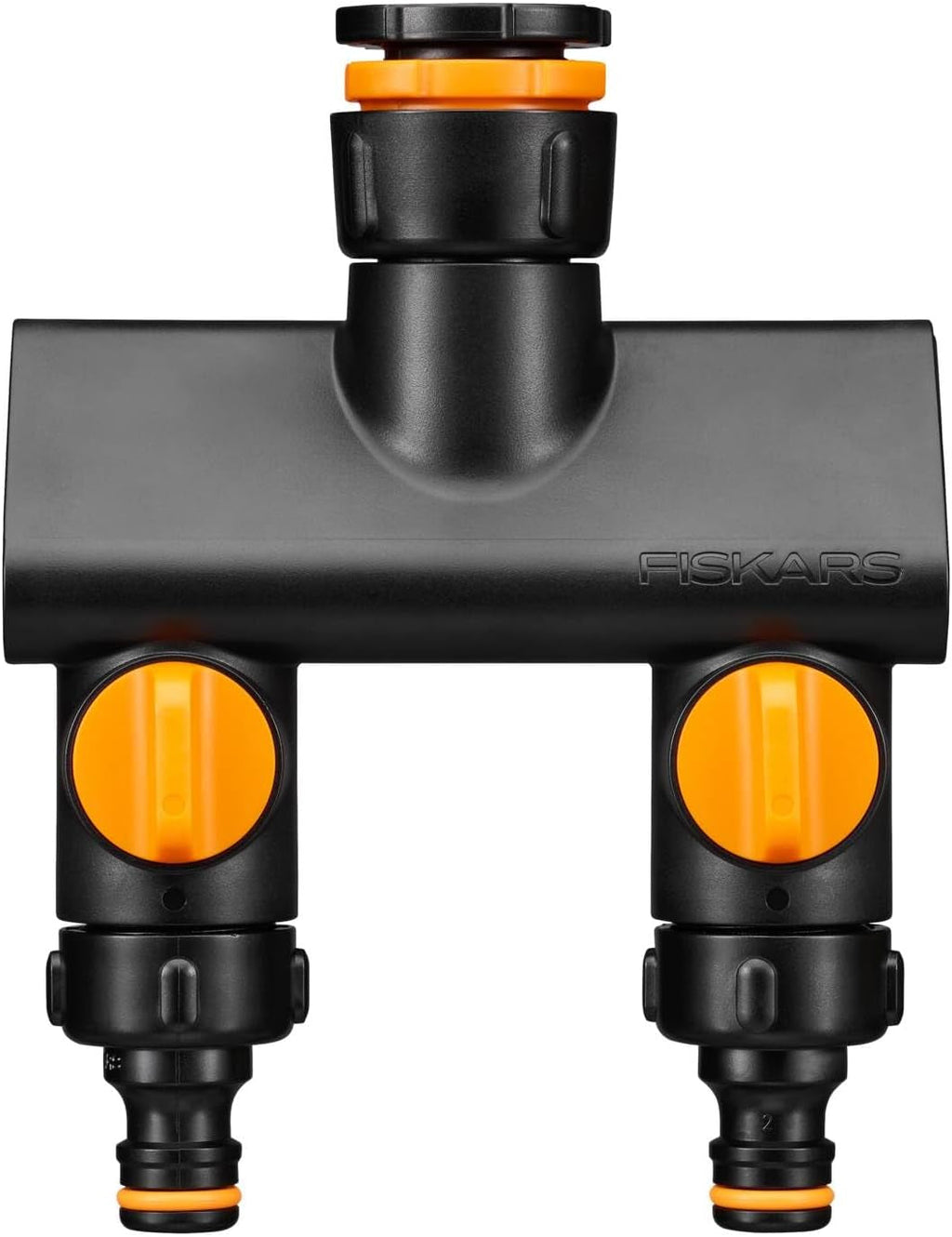 Conector multi-filet Fiskars, filet interior pentru diferite dimensiuni de robinet, pentru trei dimensiuni de filet Ø 21 mm (1/2"), Ø 26,5 mm (3/4") și Ø 33,3 mm (1"), 17 g, negru/portocaliu, 1027051