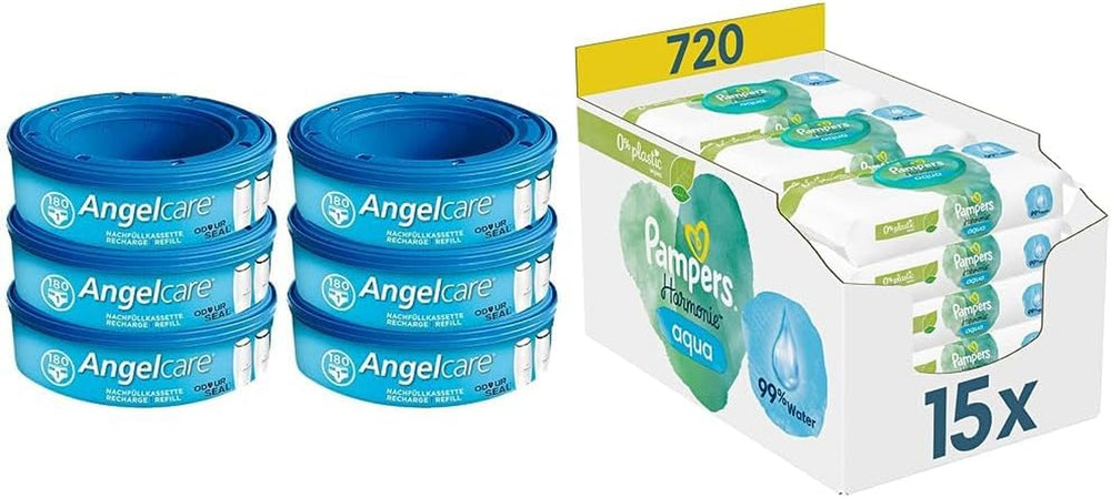 2320 Plus 2017 Scatola di ricarica (confezione da 6) e scatola di salviette umidificate Pampers Harmony Aqua Baby, 720 salviette (15 x 48), protezione delicata per la pelle con il 99% di acqua