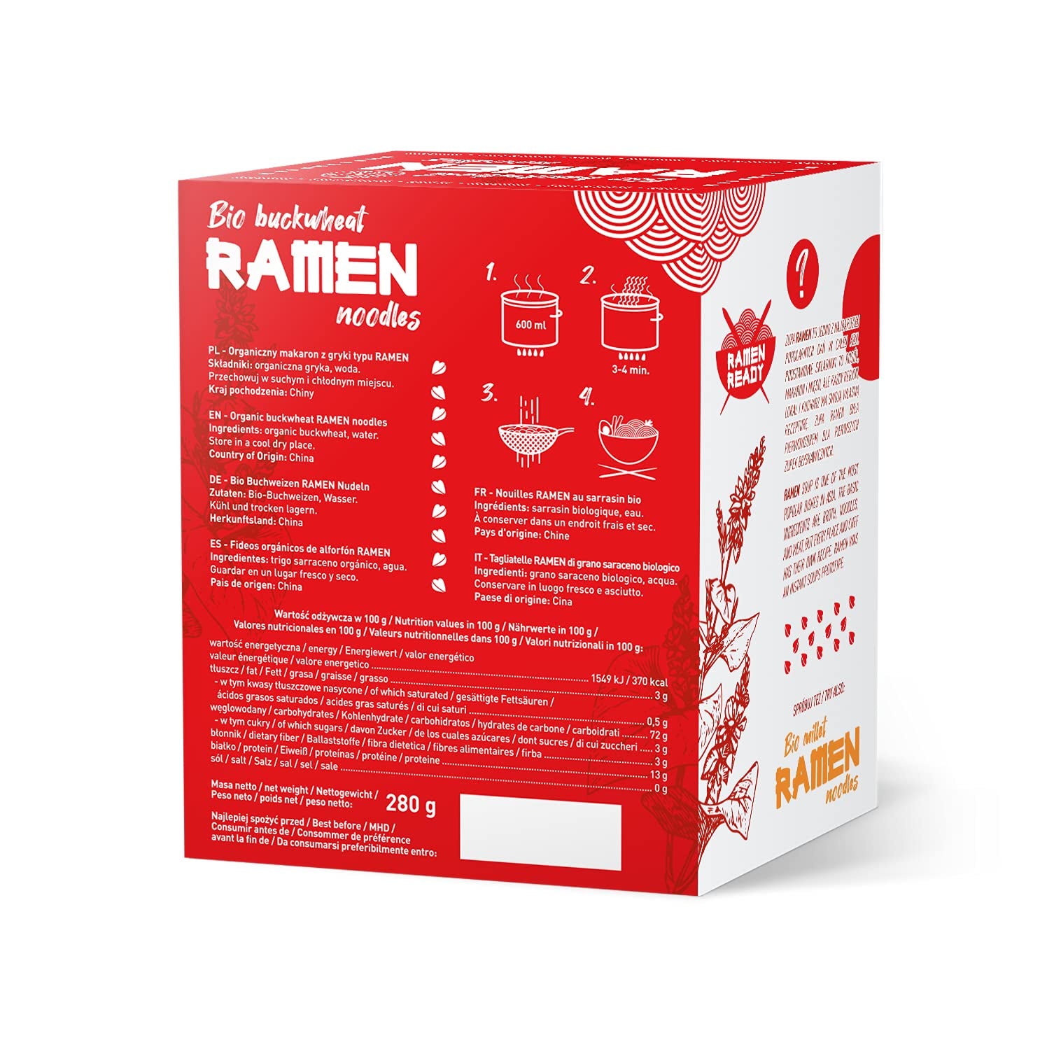 DIET-FOOD Tagliatelle Ramen di Grano Saraceno Biologico, Cibo Vegetariano e Vegano, Senza Grassi, Senza Soia, Senza Glutine, Tagliatelle Dietetiche Solubili in Acqua, a Basso Contenuto Calorico, 280g