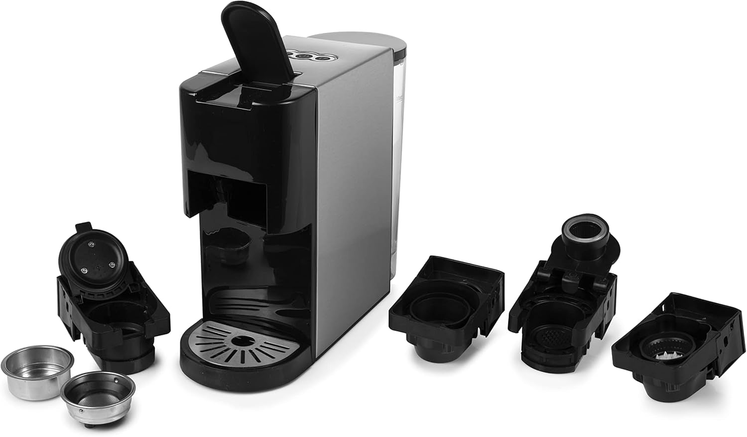 Espressor multicapsule Princess 5 în 1 – Compatibil cu Nespresso, Dolce Gusto, Lavazza a Modo Mio și ESE Pads, capacitate 0,8 l, 1450 W, argintiu, negru