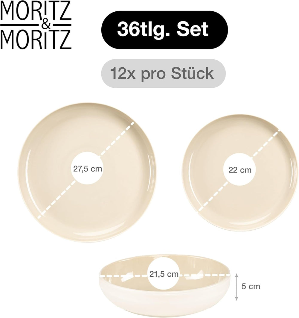 Set de veselă din gresie Moritz & Moritz CAVO pentru 12 persoane, 36 de piese - Serviciu de masă modern în culoarea nisipului - Set combinat ușor de întreținut cu farfurii și boluri - Serviciu de cafea