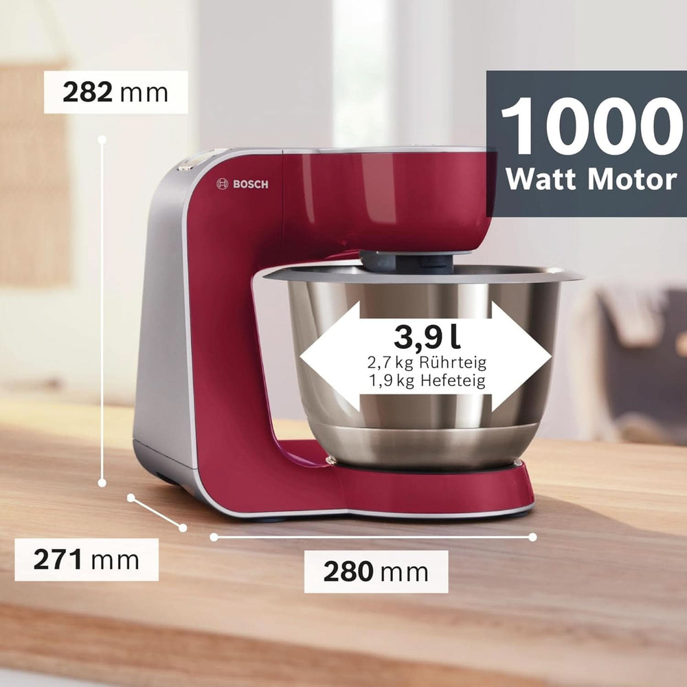 Bosch Küchenmaschine Serie 4 Mum58720, Edelstahl-Schüssel 3,9 L, Mixer 1,25 L, Planetenrührwerk, Knethaken, Schlag, Rührbesen, Durchlaufschnitzler, 3 Scheiben, 1000 W, Dunkelrot/Silber Mother and Child Naty Shop