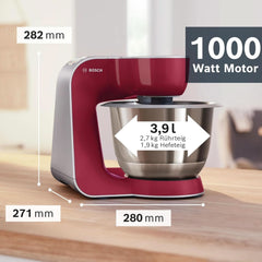Bosch Küchenmaschine Serie 4 Mum58720, Edelstahl-Schüssel 3,9 L, Mixer 1,25 L, Planetenrührwerk, Knethaken, Schlag, Rührbesen, Durchlaufschnitzler, 3 Scheiben, 1000 W, Dunkelrot/Silber Mother and Child Naty Shop