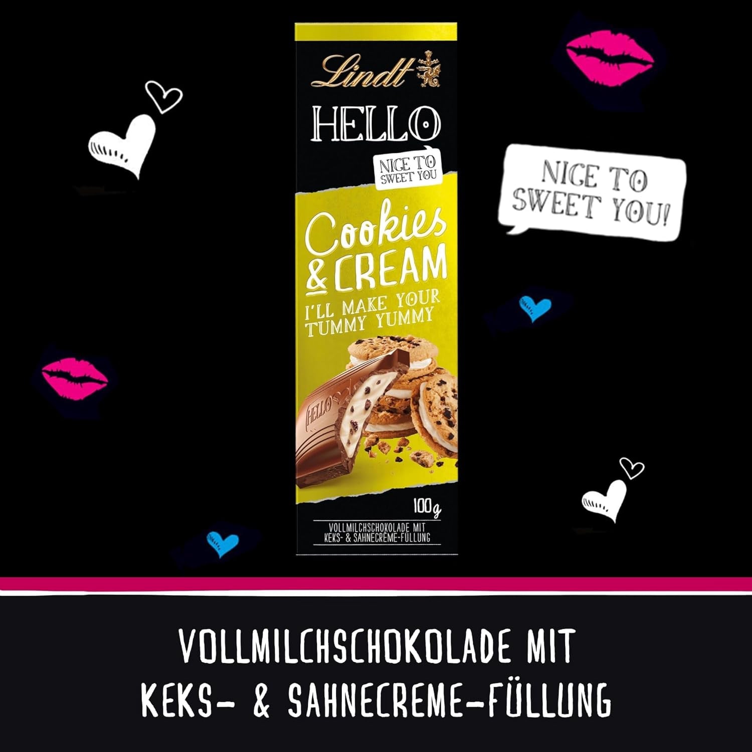 Lindt Hello Cookies & Cream Chocolate | Barretta 100g | Cioccolato al latte con biscotti e ripieno di crema | Tavoletta di cioccolato | Regalo di cioccolato