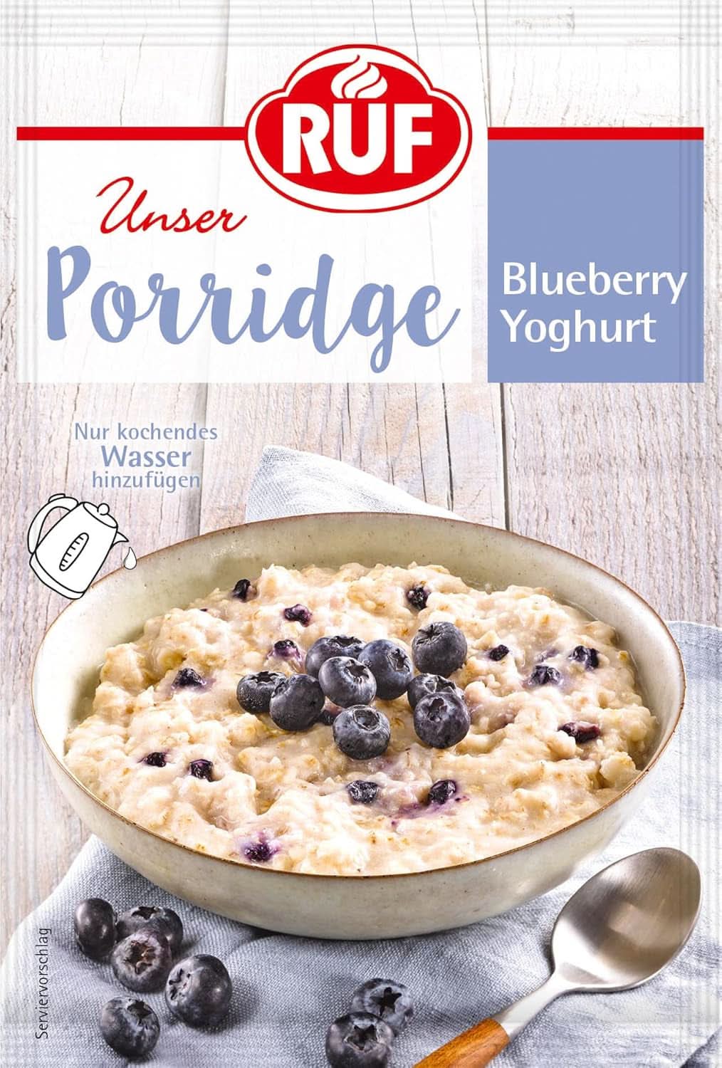 RUF Porridge Raspberry White Choc, porridge istantaneo con pezzetti di lamponi e cioccolato bianco grattugiato, 65 grammi di cereali Naty Shop 65 grammi di Yogurt e mirtilli