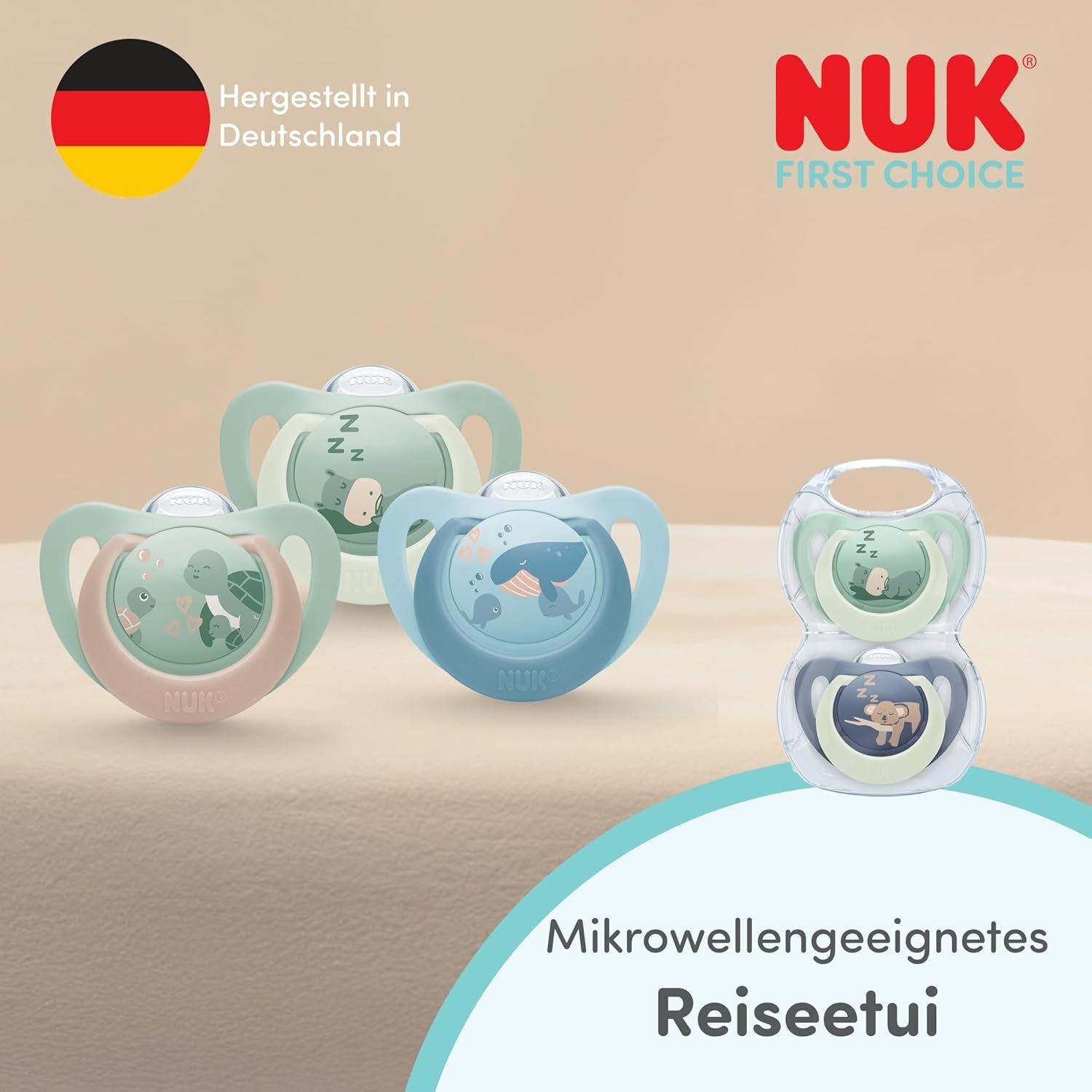 Suzete NUK First Choice pentru bebeluși | 6-18 luni | Suzete ortodontice | Calmează 99% dintre bebeluși** | Maimuță/Cangur | Pachet de 2