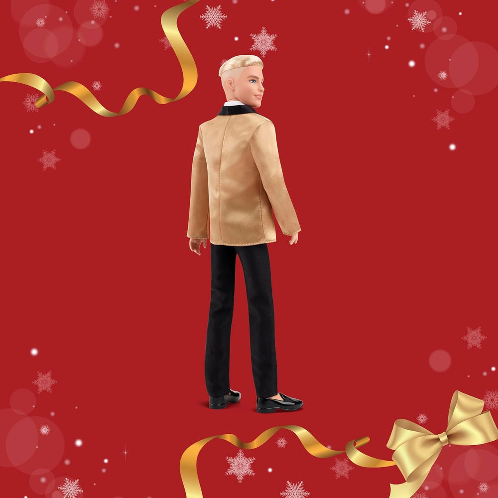 Barbie Signature 2025 Holiday Blonder Ken Modepuppe zum Sammeln in komplettem Anzug mit Goldener Jacke in Einer Verpackung zum Ausstellen und mit Puppenständer, JGK55