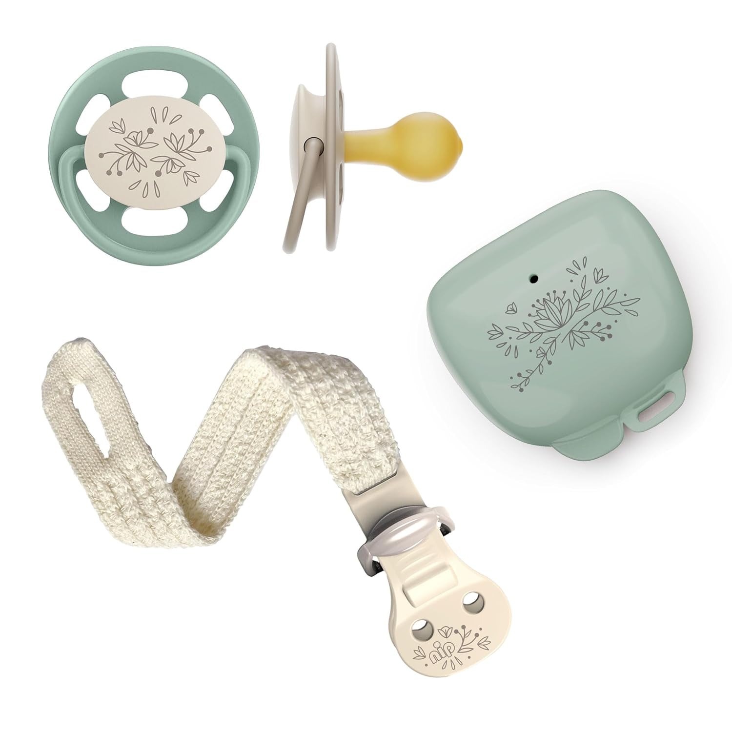 nip - Verde Cireș | 0-6 luni | Pachet de 4 | Suzetă pentru bebeluși, potrivită pentru alăptare și pentru dinți. Suzetă sustenabilă, fabricată din materii prime naturale, verde deschis/maro