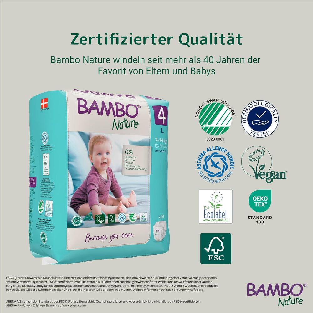 Pannolini per Neonati Bambo Nature, Taglia 4 (7-14 kg), 144 pz, Confezione Mensile | Pannolini Premium con protezione dalle perdite migliorata | Massimo comfort e libertà per i bambini attivi | Pannolini dermatologicamente testati