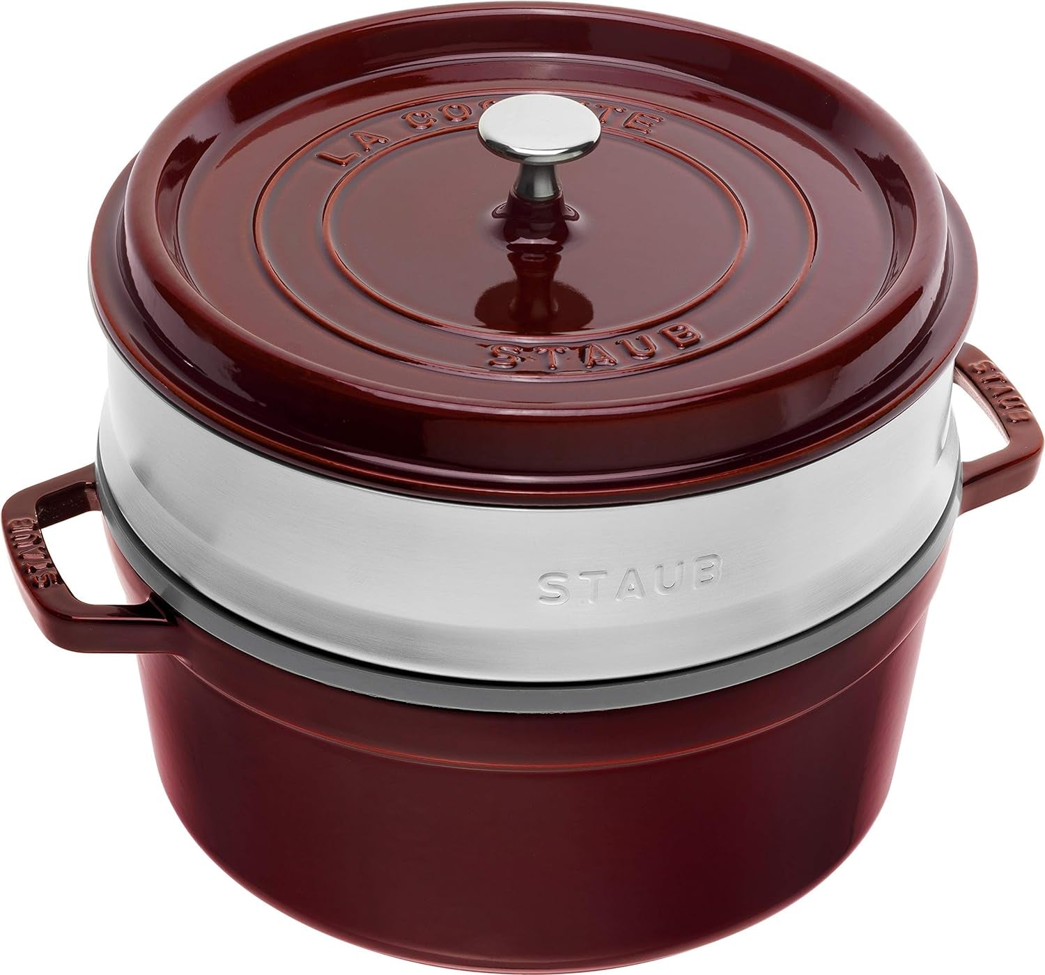 STAUB Gusseisen Bräter/Cocotte, Mit Dämpfeinsatz Aus Edelstahl, Rund 26 Cm, 5.2 L, Aromaregen Funktion Für Optimale Befeuchtung, Für Alle Herdarten Inkl. Forno per induzione e cottura al forno, Kirschrot, Rot Stampi e teglie per dolci Naty Shop Grenadine