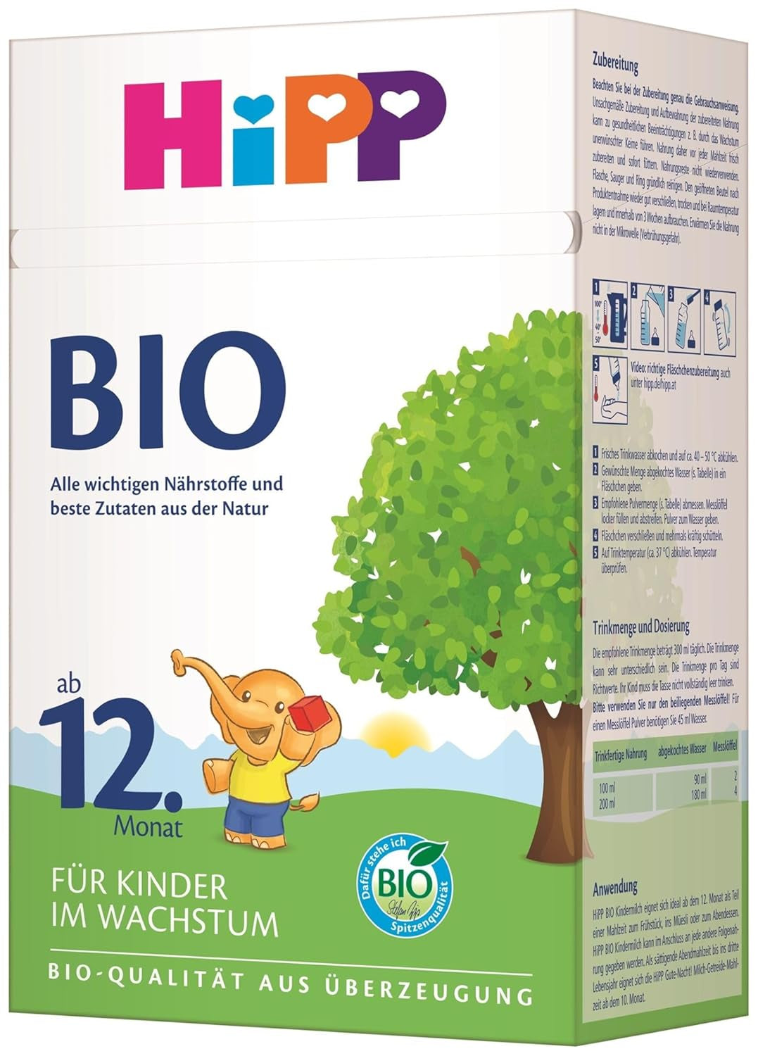 Latte di crescita biologico HiPP (4 x 600 g) dopo 12 mesi con calcio, ferro, vitamina C e D per bambini in crescita, migliore qualità biologica