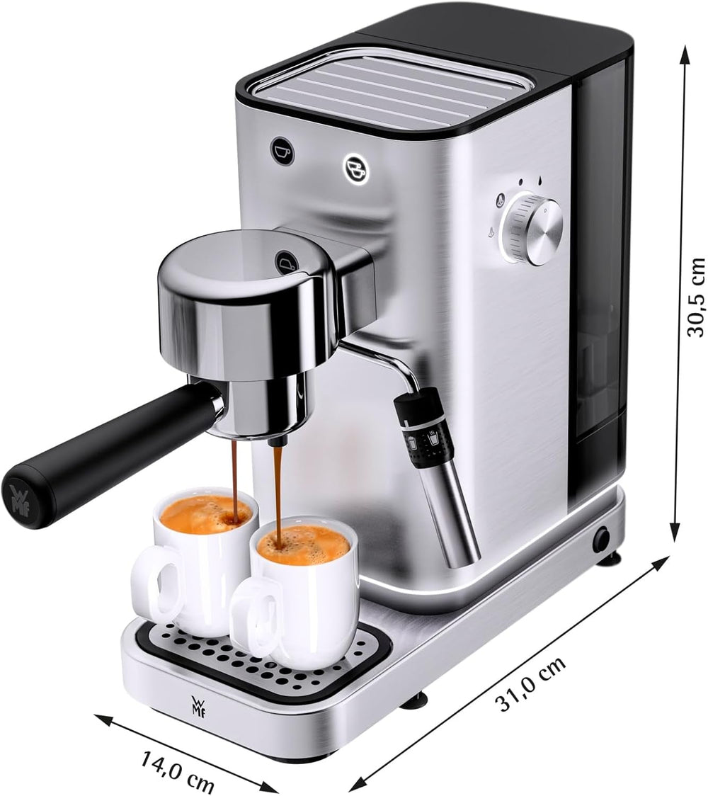 Espressor WMF Lumero, portafiltru, 1400 wați, portafiltru, 3 inserții, pentru 1-2 cești de espresso, inclusiv pentru capsule, 15 bar, suport pentru cești, spumator de lapte, oțel inoxidabil mat