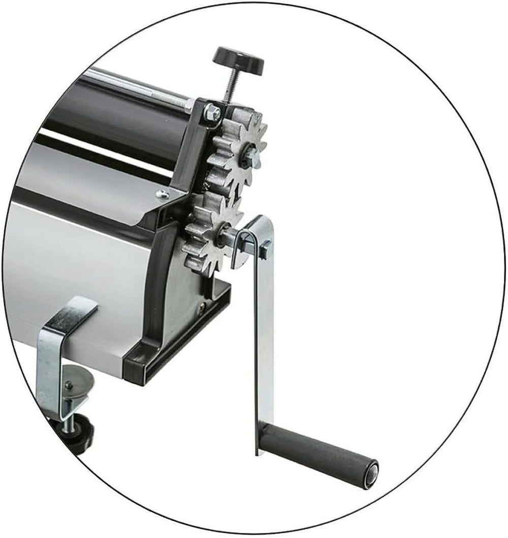 DKN Macchina per stendere l'impasto della pizza con manovella, 48,8 cm, macchina per la pasta, teigfolie con rulli anti-manomissione e controllo Dicken – Costruzione in acciaio massiccio e alluminio