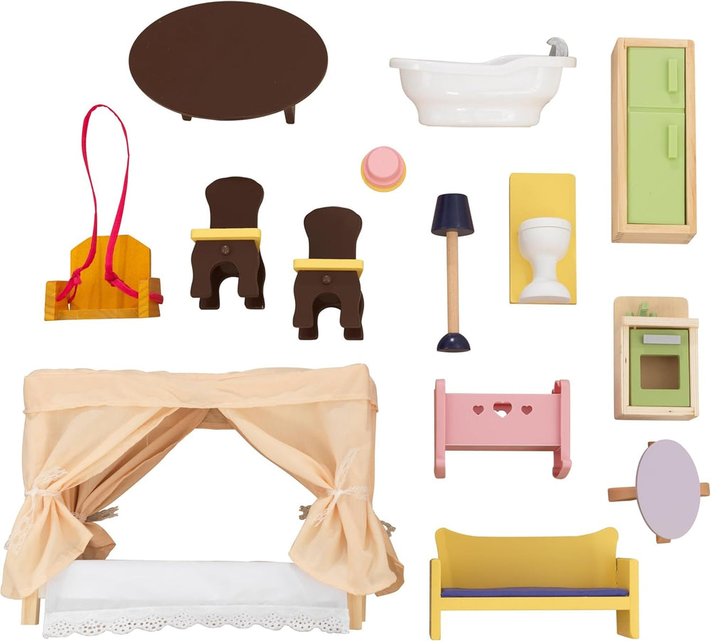 Casă de păpuși Kidkraft Savannah din lemn cu mobilier și accesorii, set de joacă cu scaun suspendat și pat cu baldachin pentru păpuși de 30 cm, jucărie pentru copii de la 3 ani, 65023 Casute de papusi Naty Shop