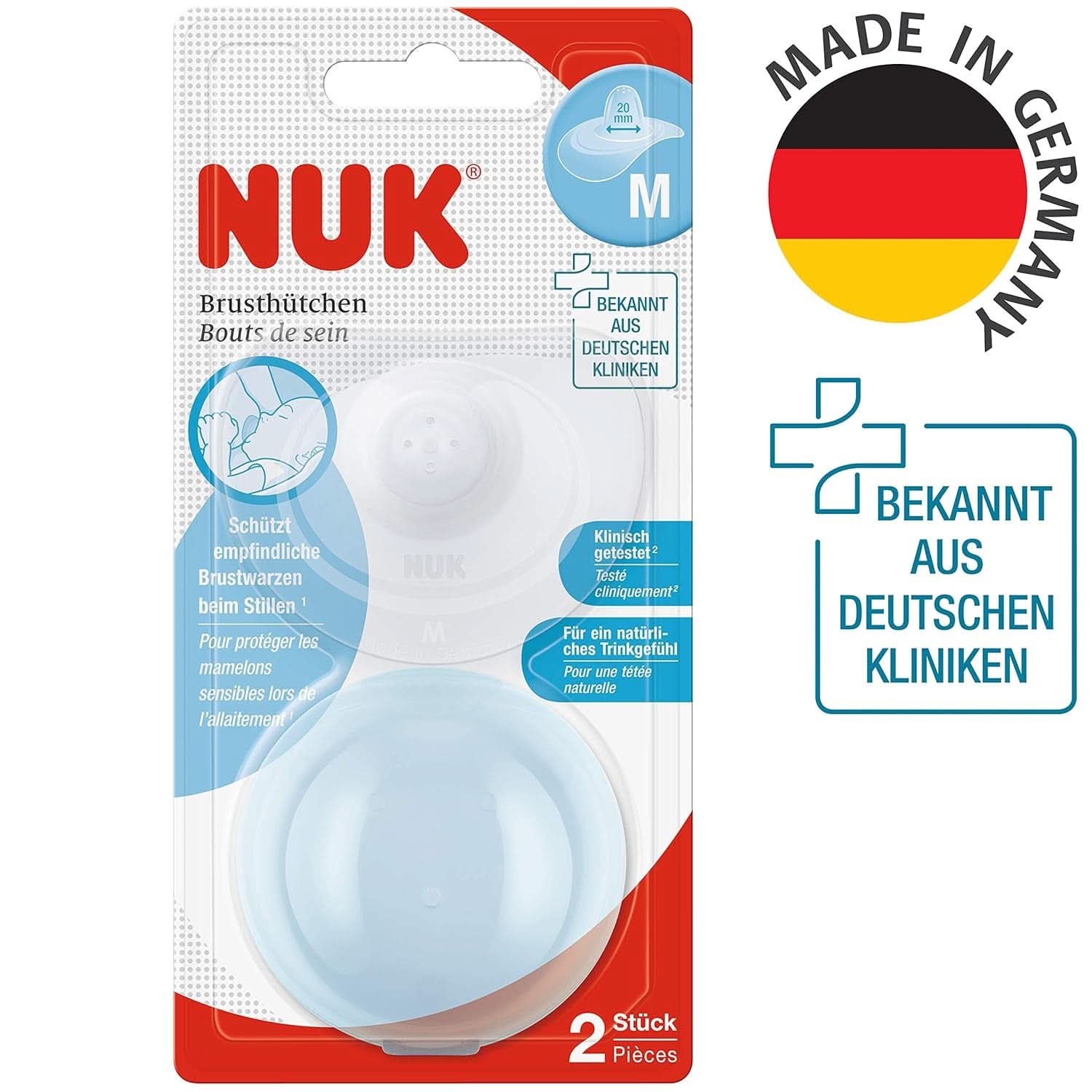 NUK Stillhütchen | Brusthütchen Zum Stillen | Schützt Vor Wunden Brustwarzen | Dünnes Silikon | Taglia M (20Mm) | Compreso Schutzdose | 2 Stück Alimenti per bambini e Accessori per l'allattamento al seno Naty Shop