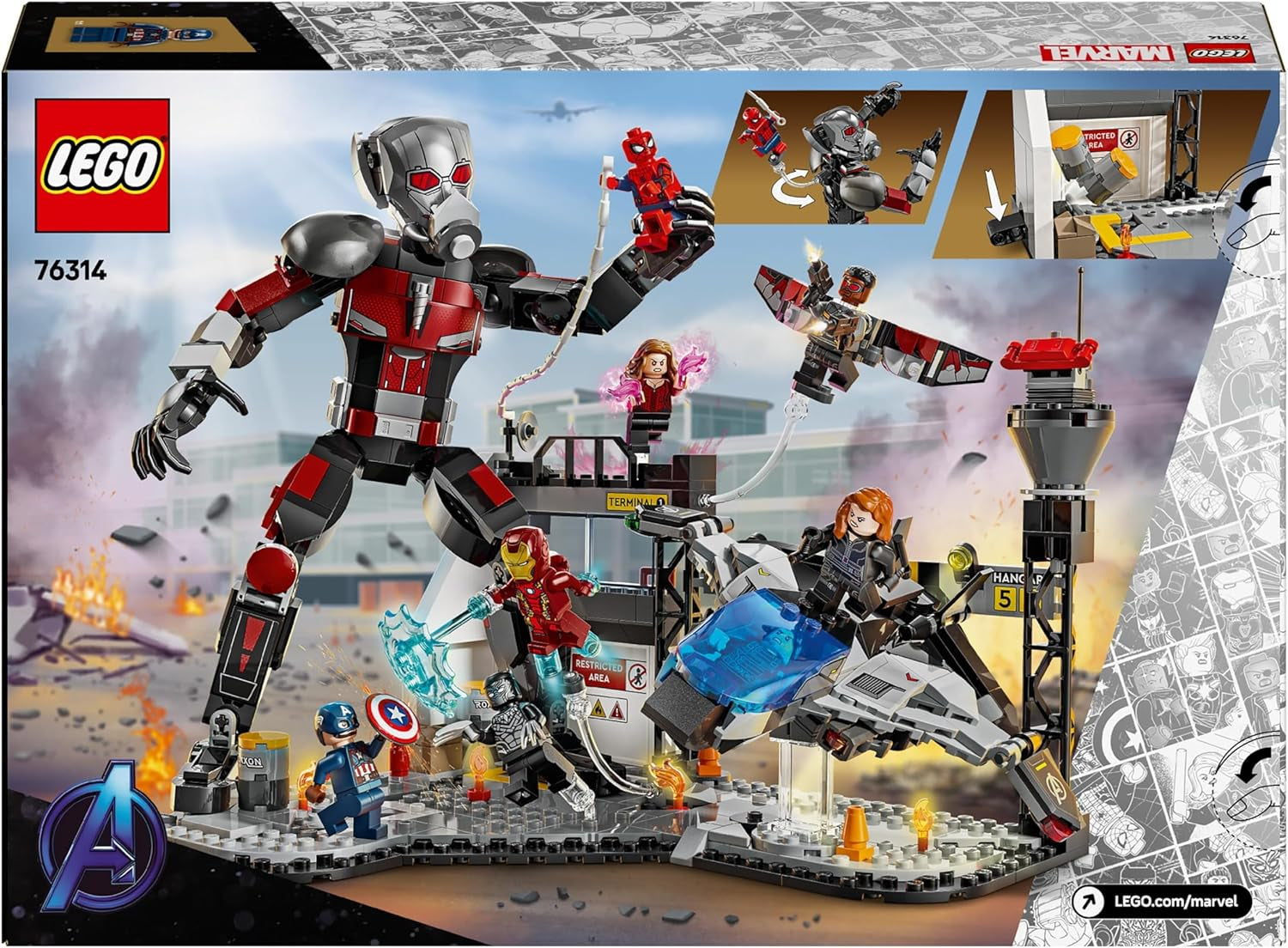 LEGO Marvel Captain America: Civil War Action Duel - Set da gioco di supereroi con 8 minifigure - Set da costruzione e da gioco per aeroplano giocattolo - Regalo per ragazzi e ragazze 76314 Set da costruzione Besuche den LEGO-Store
