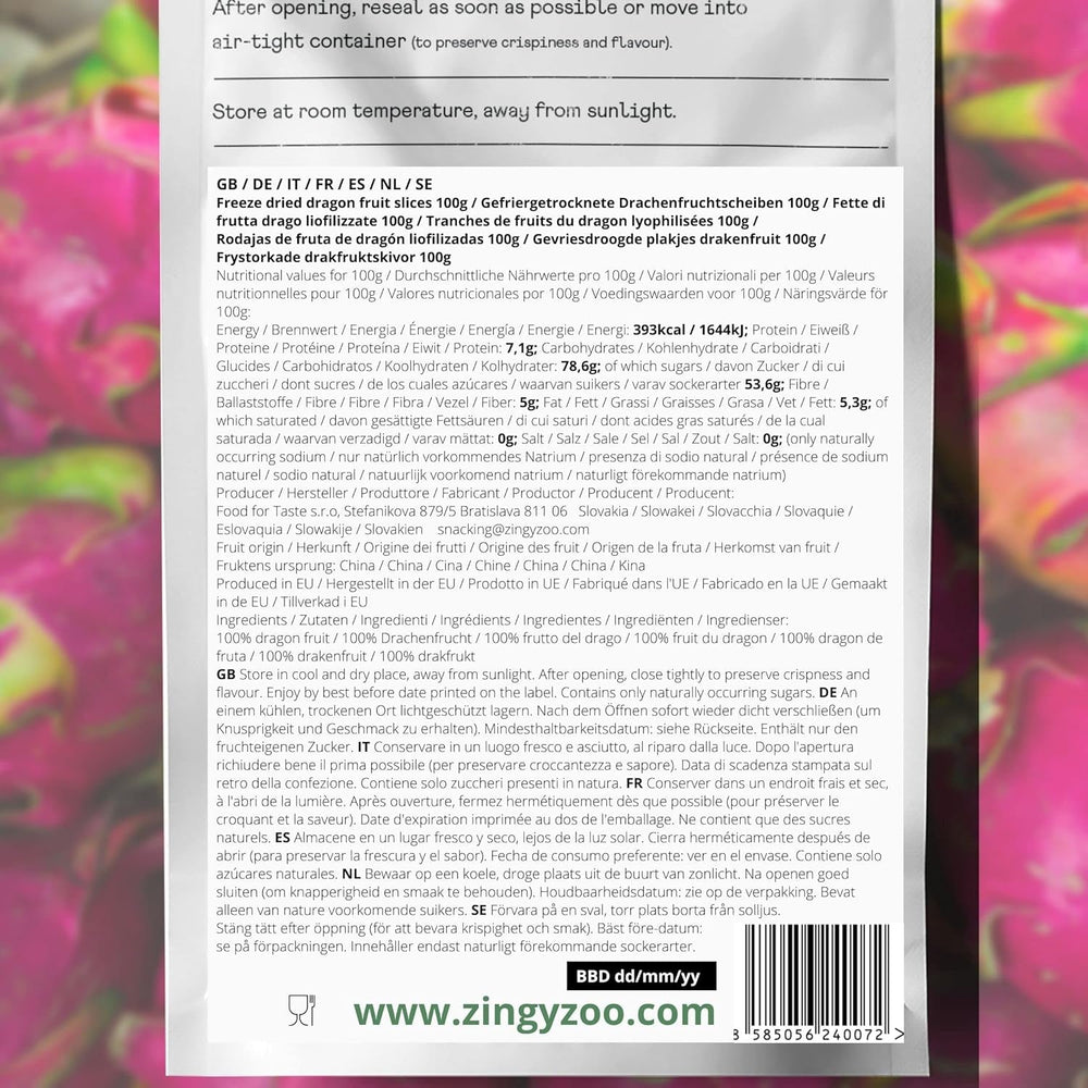 Fructe de dragon uscate liofilizate | Pitaya roz uscată natural Vegan | Potrivit pentru a face pudră de fructe de dragon Pitahaya Smoothie Bowl | Fructe de dragon uscate liofilizate | ZingyZoo (100g) Produse deshidratate Naty Shop